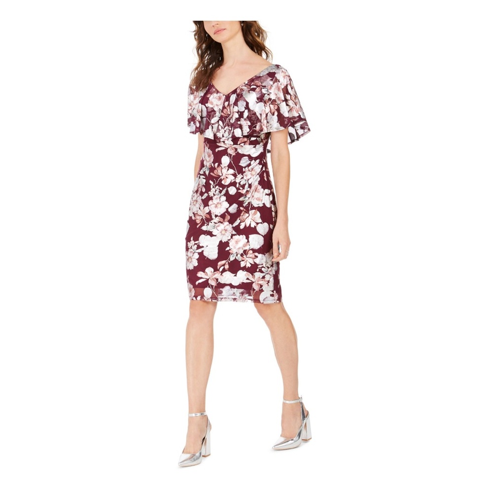 Connected apparel petite mesh flounce dress in burgundy size 6p and 8p